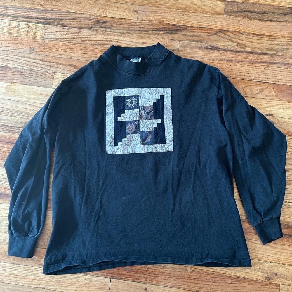 Vintage Cotton Deluxe Applied Quilt Black Long Sleeve Tee 90s Granny